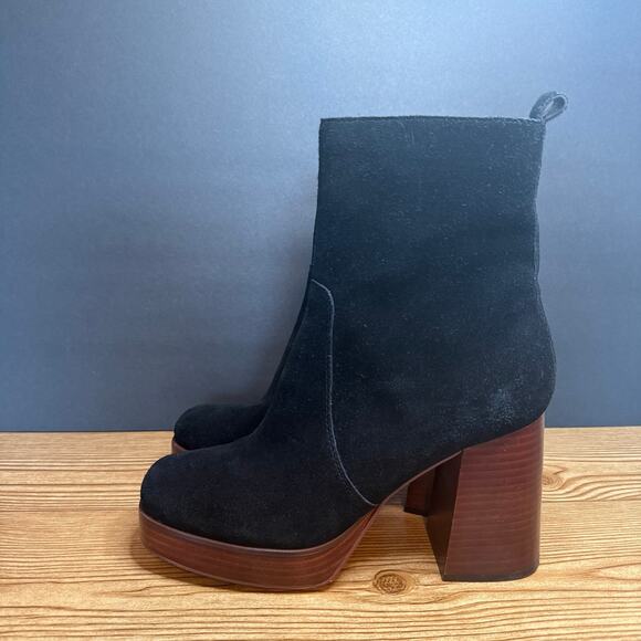Marc Fisher Marisa Black Suede Chunky Wood Platform Block Heeled Bootie Boot 8.5 - Picture 3 of 14
